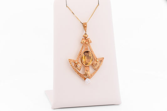 Rare Arts & Crafts Era Hammered Yellow Gold & Citrine Lavalier Pendant