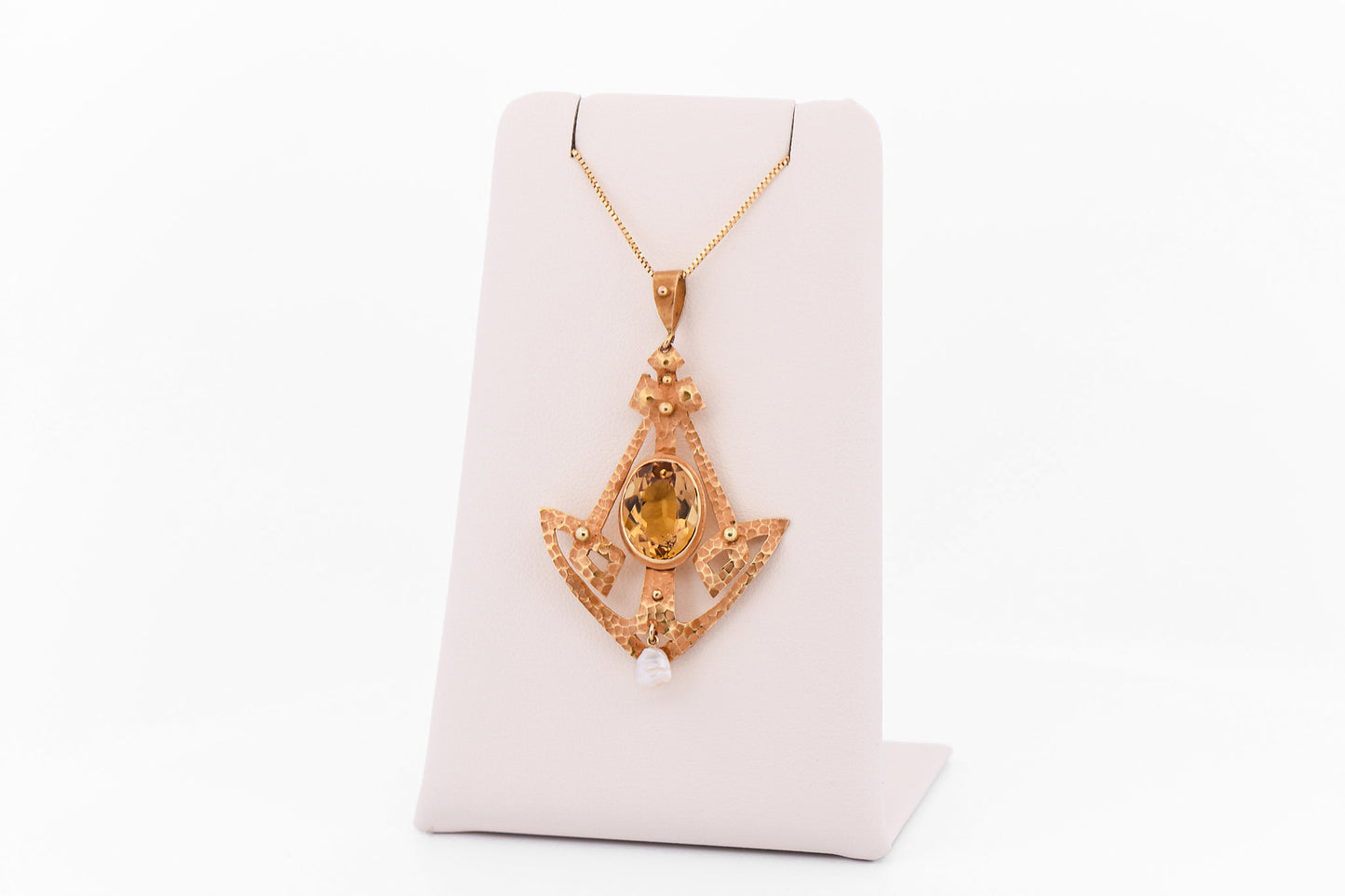 Rare Arts & Crafts Era Hammered Yellow Gold & Citrine Lavalier Pendant