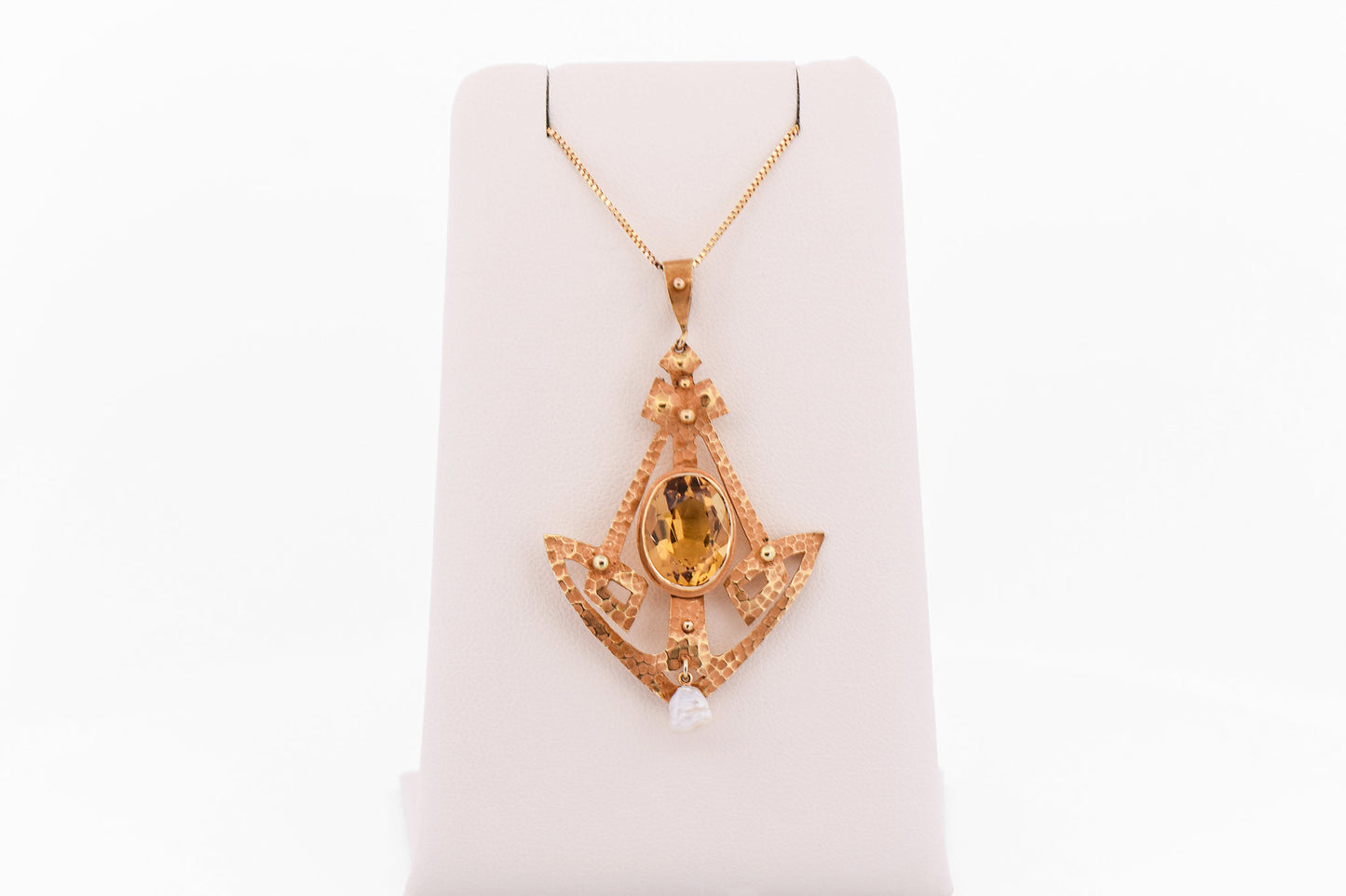 Rare Arts & Crafts Era Hammered Yellow Gold & Citrine Lavalier Pendant