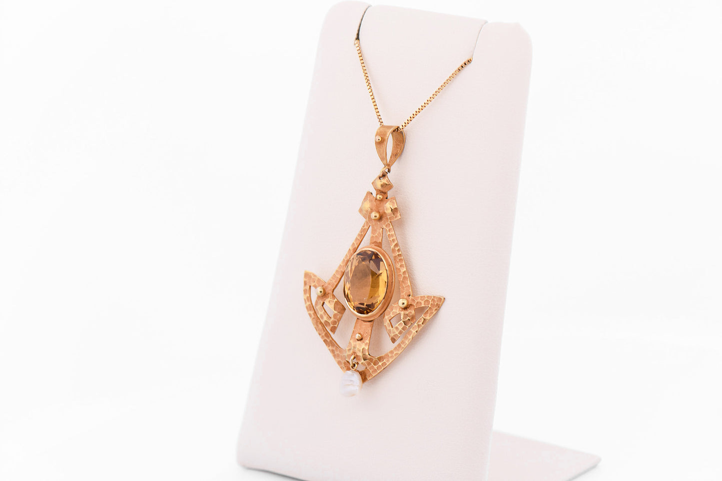Rare Arts & Crafts Era Hammered Yellow Gold & Citrine Lavalier Pendant