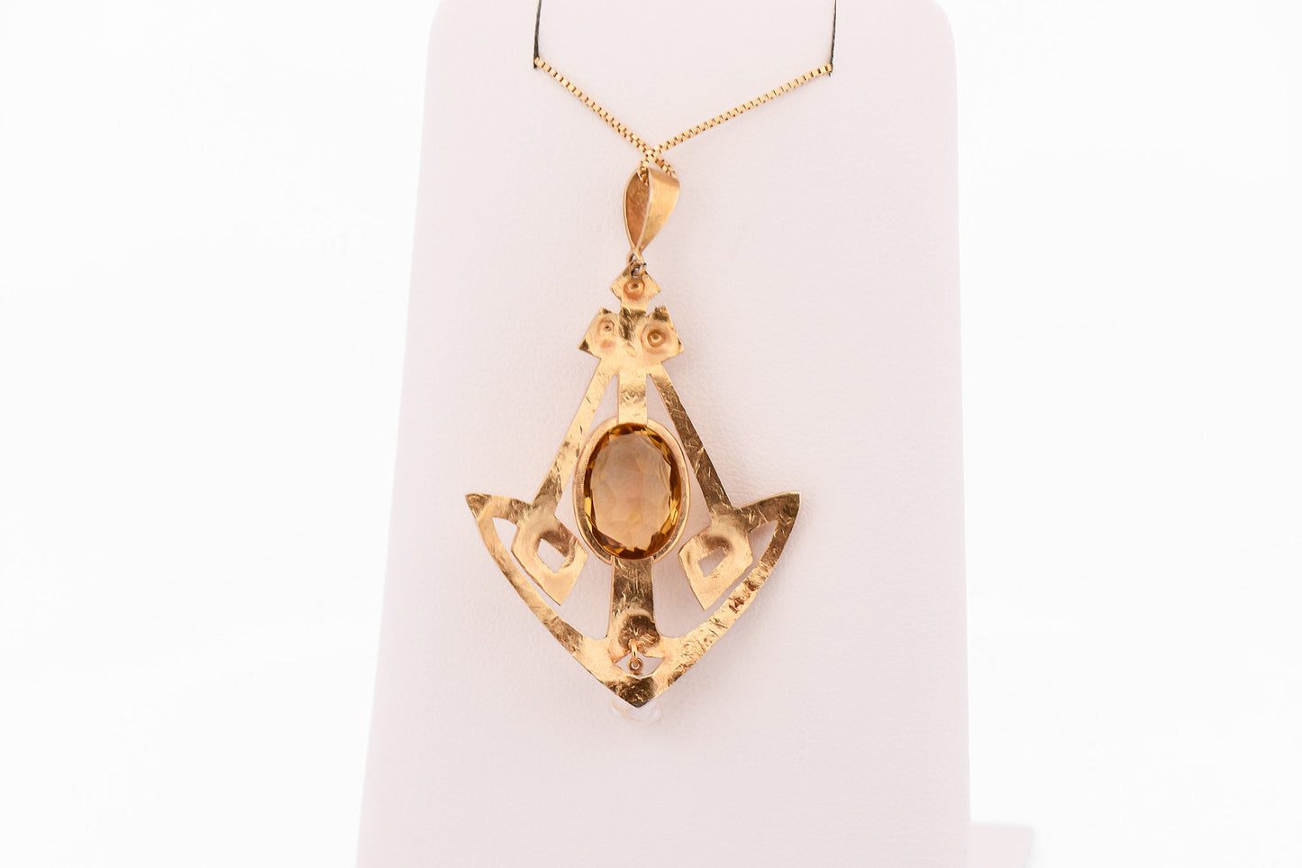 Rare Arts & Crafts Era Hammered Yellow Gold & Citrine Lavalier Pendant