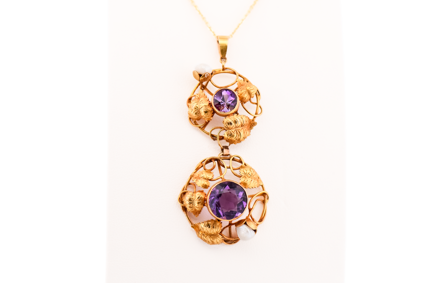 Rare Arts & Crafts Era Pendant with Amethyst, Pearls and Gold Leaves & Vines