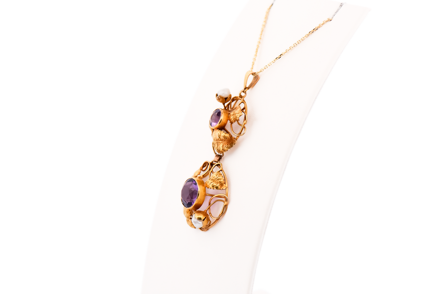 Rare Arts & Crafts Era Pendant with Amethyst, Pearls and Gold Leaves & Vines