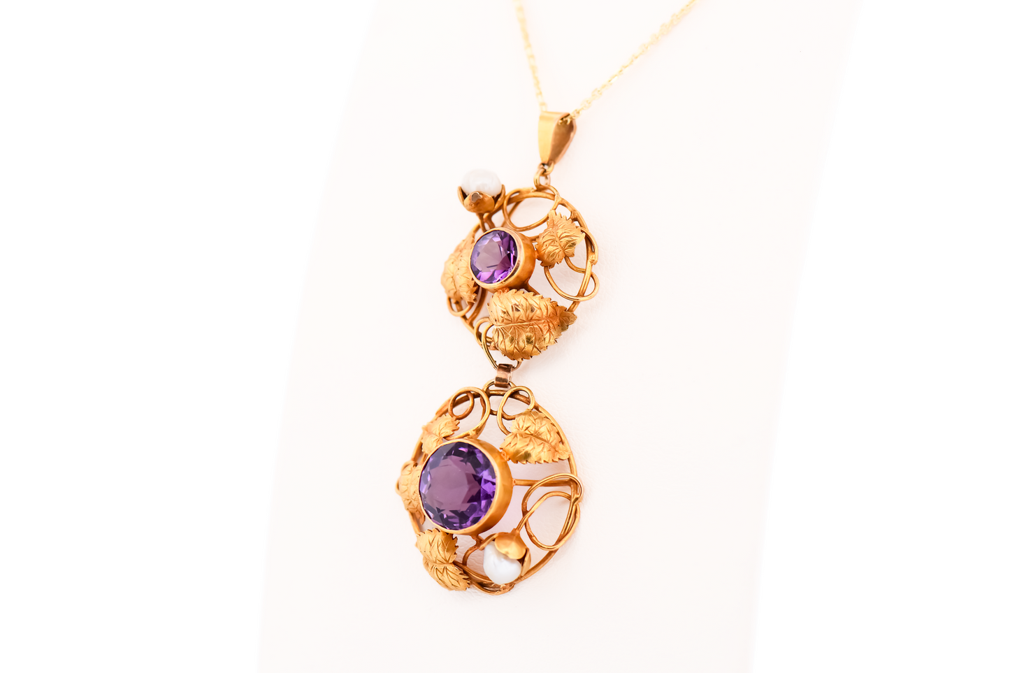 Rare Arts & Crafts Era Pendant with Amethyst, Pearls and Gold Leaves & Vines