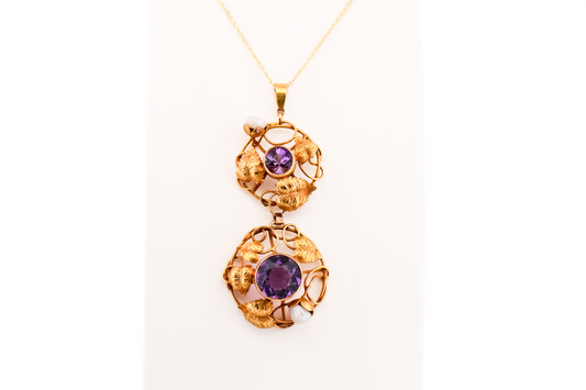Rare Arts & Crafts Era Pendant with Amethyst, Pearls and Gold Leaves & Vines
