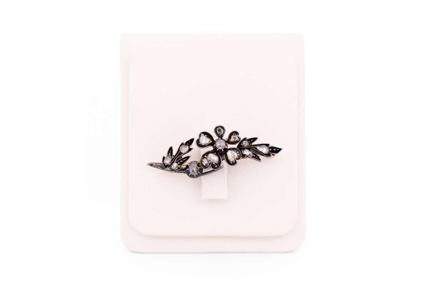 Rare Georgian Rose Cut Diamond Flower Brooch in Oxidized Sterling over Gold