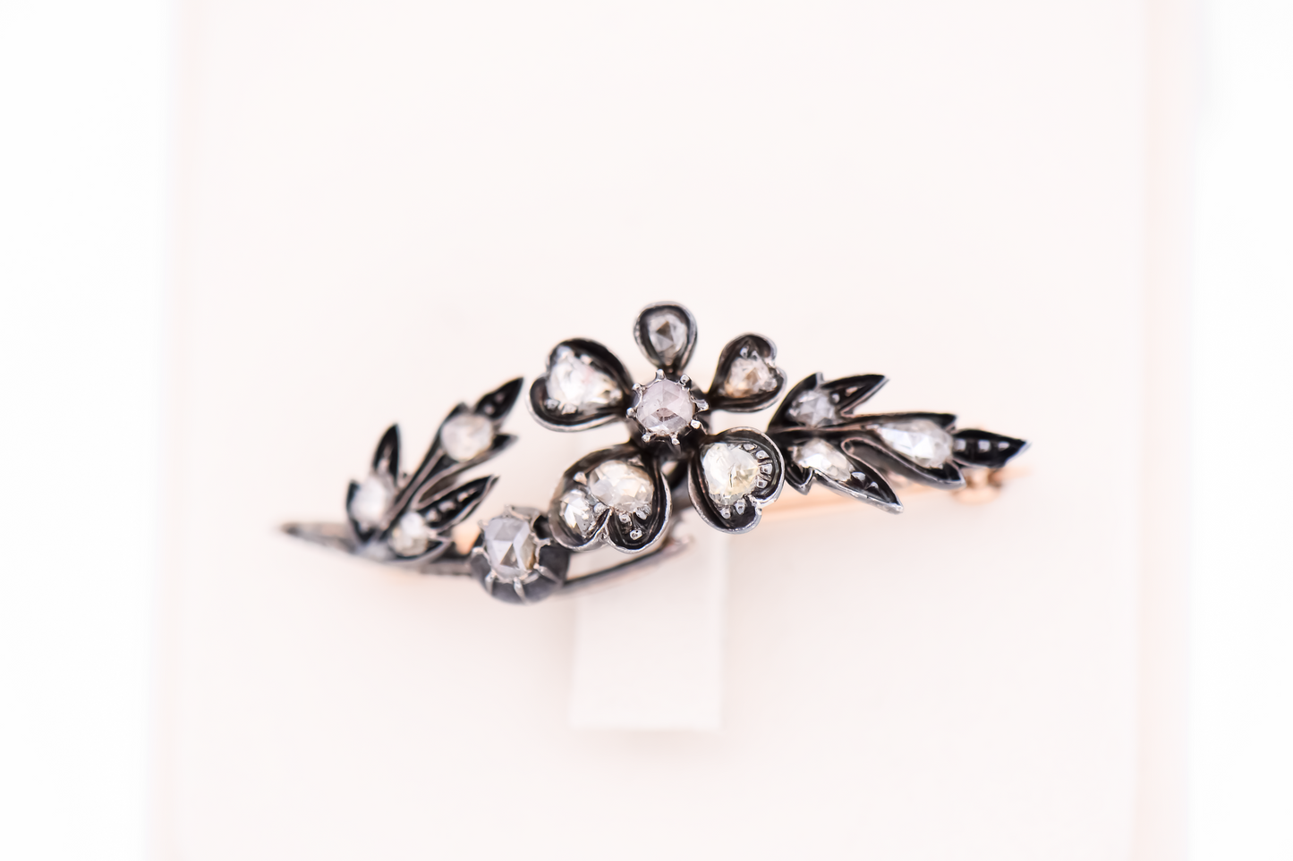 Rare Georgian Rose Cut Diamond Flower Brooch in Oxidized Sterling over Gold