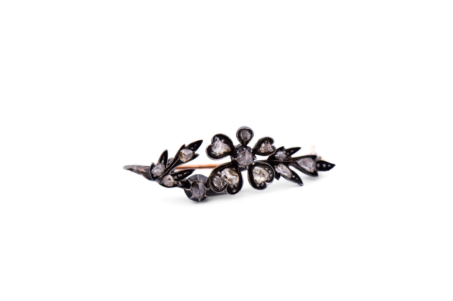 Rare Georgian Rose Cut Diamond Flower Brooch in Oxidized Sterling over Gold