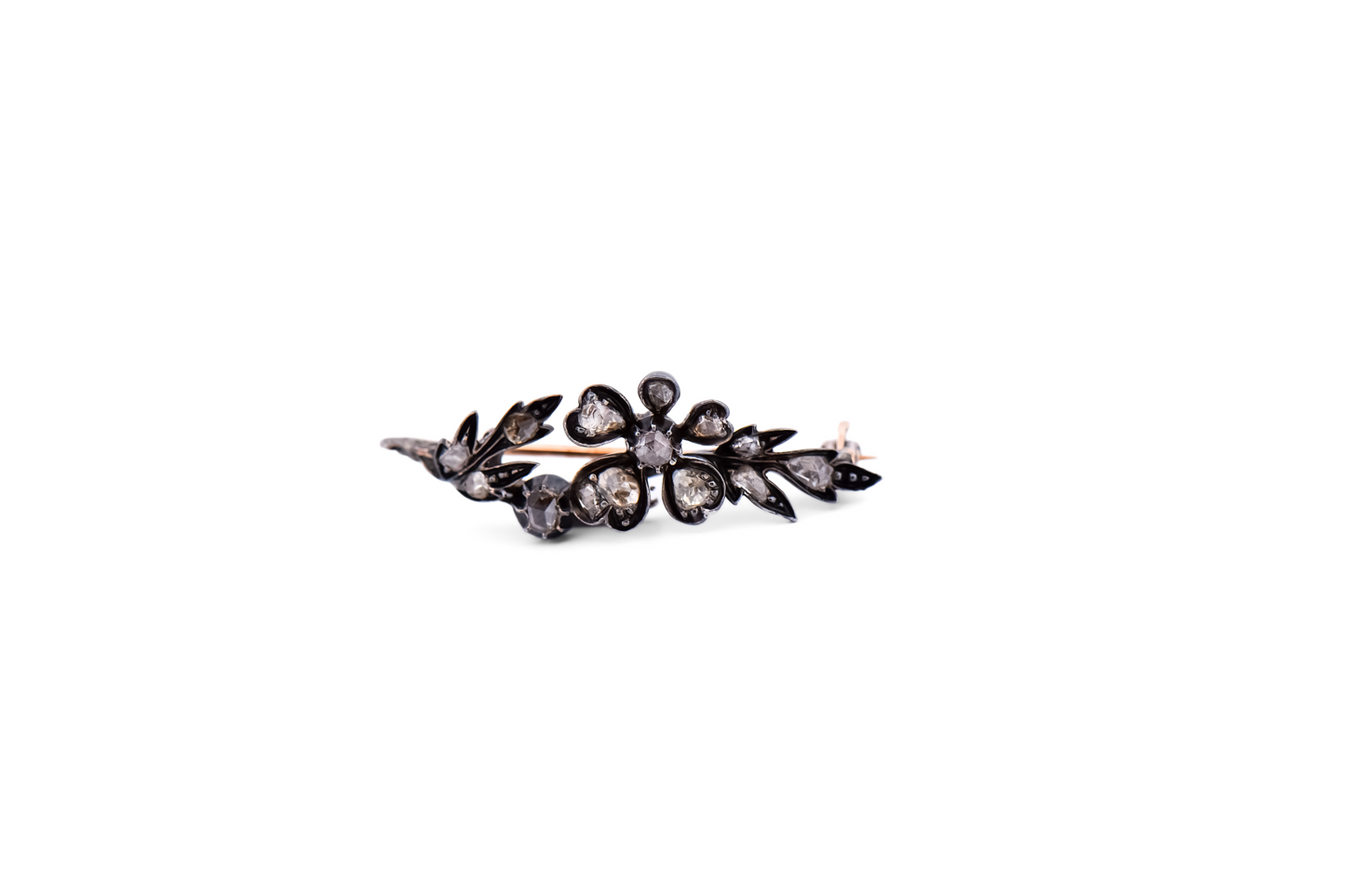 Rare Georgian Rose Cut Diamond Flower Brooch in Oxidized Sterling over Gold
