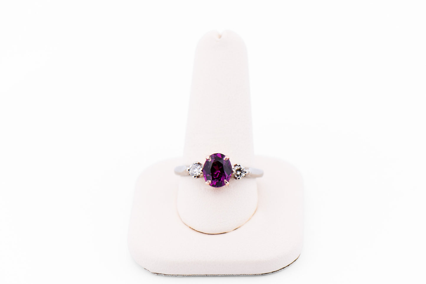 Rare Mozambique Purple Garnet & Diamond 3-Stone Ring in Rose & White Gold