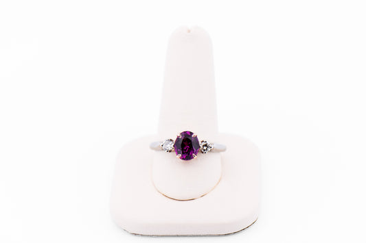 Rare Mozambique Purple Garnet & Diamond 3-Stone Ring in Rose & White Gold
