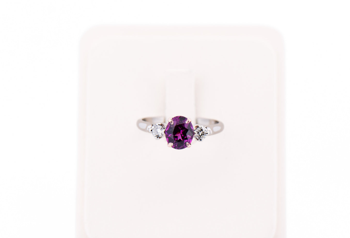 Rare Mozambique Purple Garnet & Diamond 3-Stone Ring in Rose & White Gold