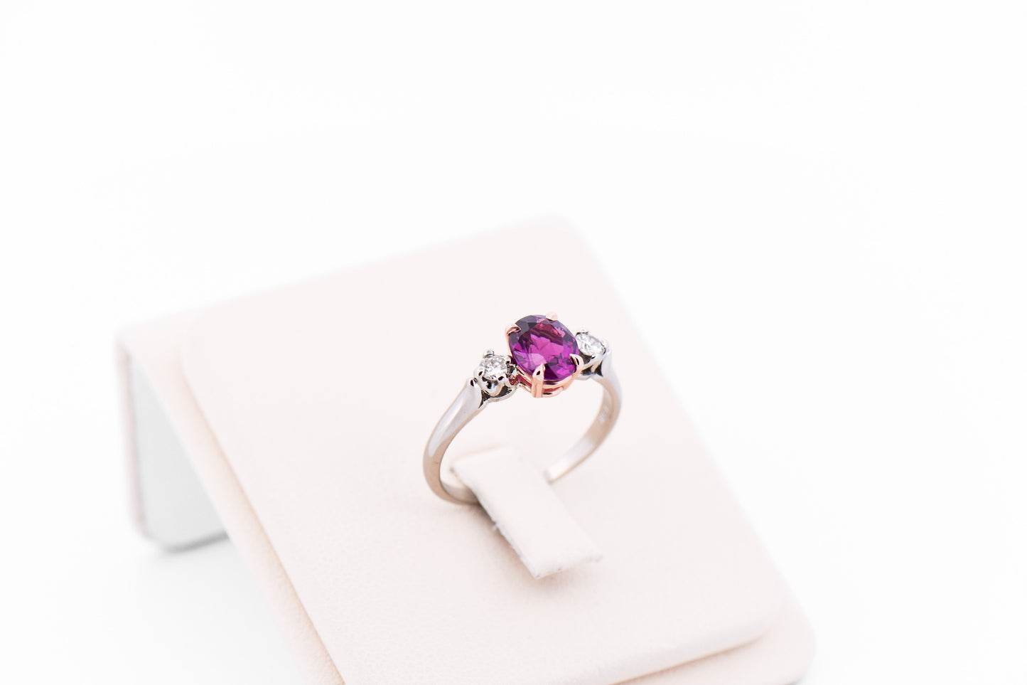 Rare Mozambique Purple Garnet & Diamond 3-Stone Ring in Rose & White Gold
