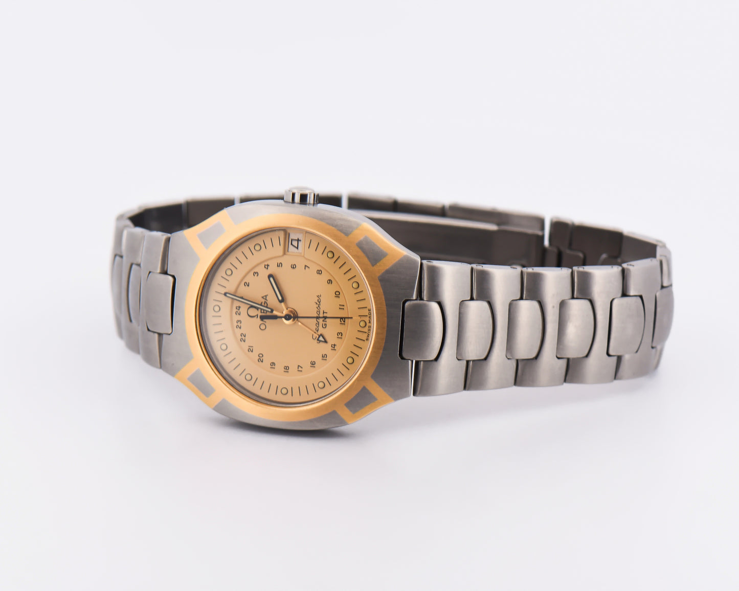 Rare Omega Seamaster Polaris GMT Quartz Watch with Gold Accents