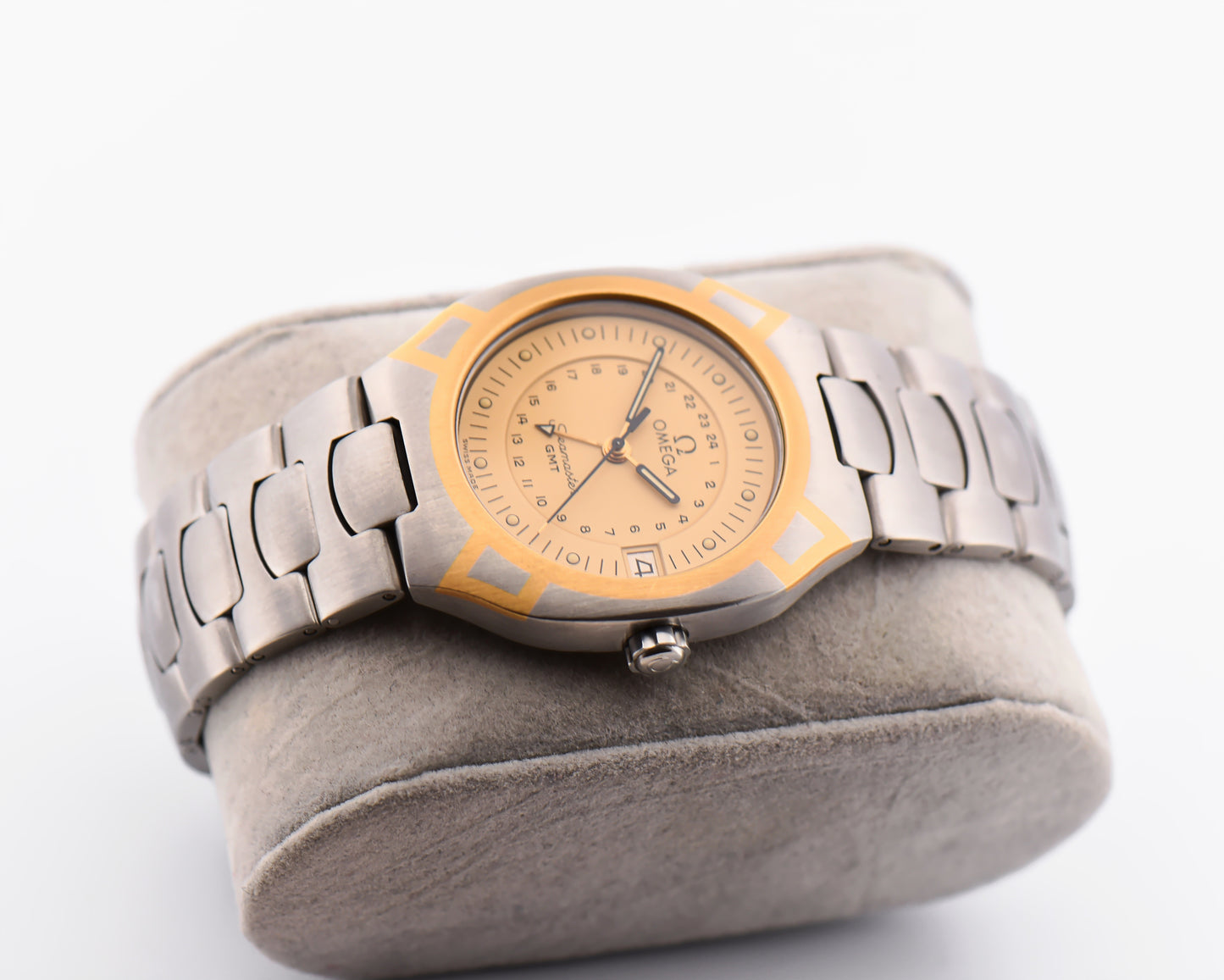 Rare Omega Seamaster Polaris GMT Quartz Watch with Gold Accents