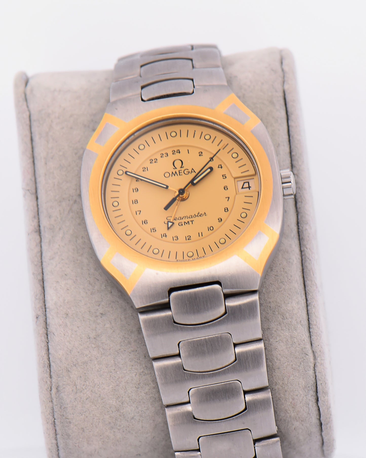 Rare Omega Seamaster Polaris GMT Quartz Watch with Gold Accents