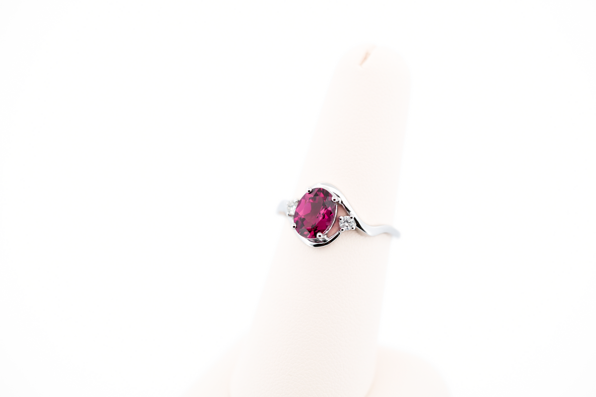 Raspberry Red Rhodolite Garnet & Diamond 3-Stone Ring in White Gold