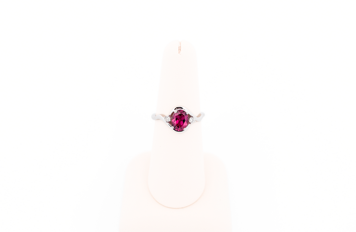 Raspberry Red Rhodolite Garnet & Diamond 3-Stone Ring in White Gold