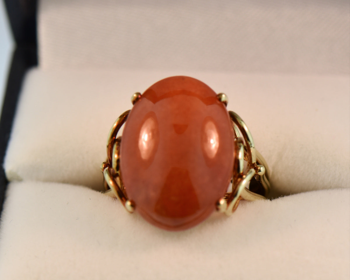 Oval Cabochon Natural Orange-Red Jade Ring