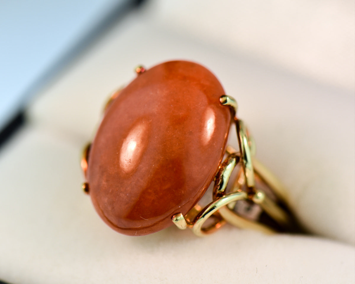 Oval Cabochon Natural Orange-Red Jade Ring