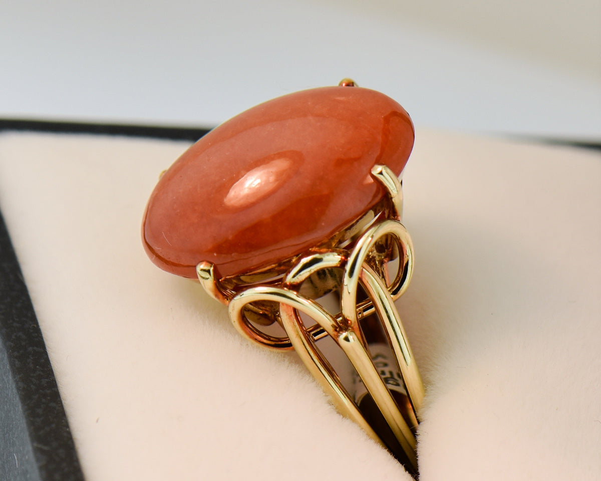 Oval Cabochon Natural Orange-Red Jade Ring