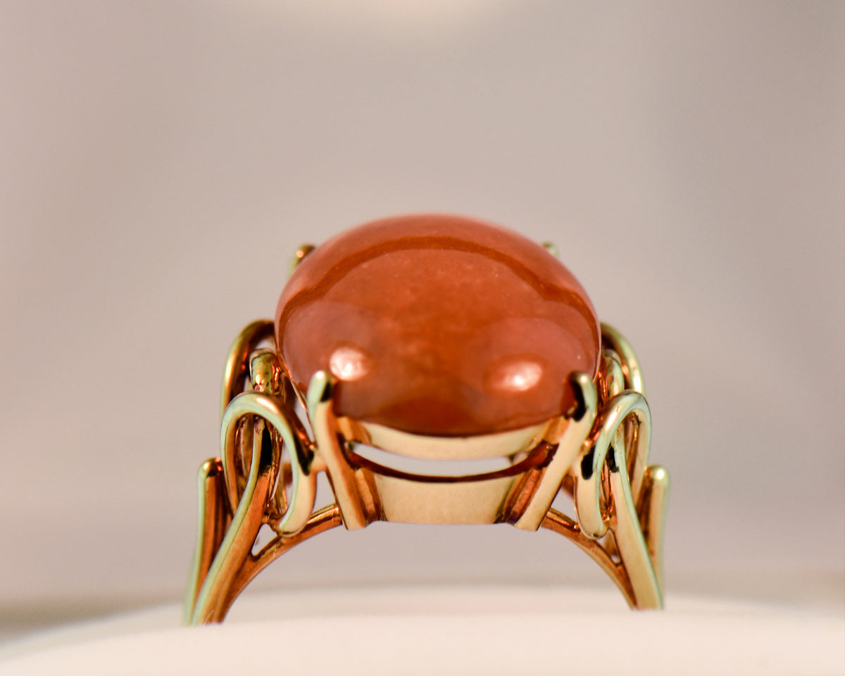 Oval Cabochon Natural Orange-Red Jade Ring