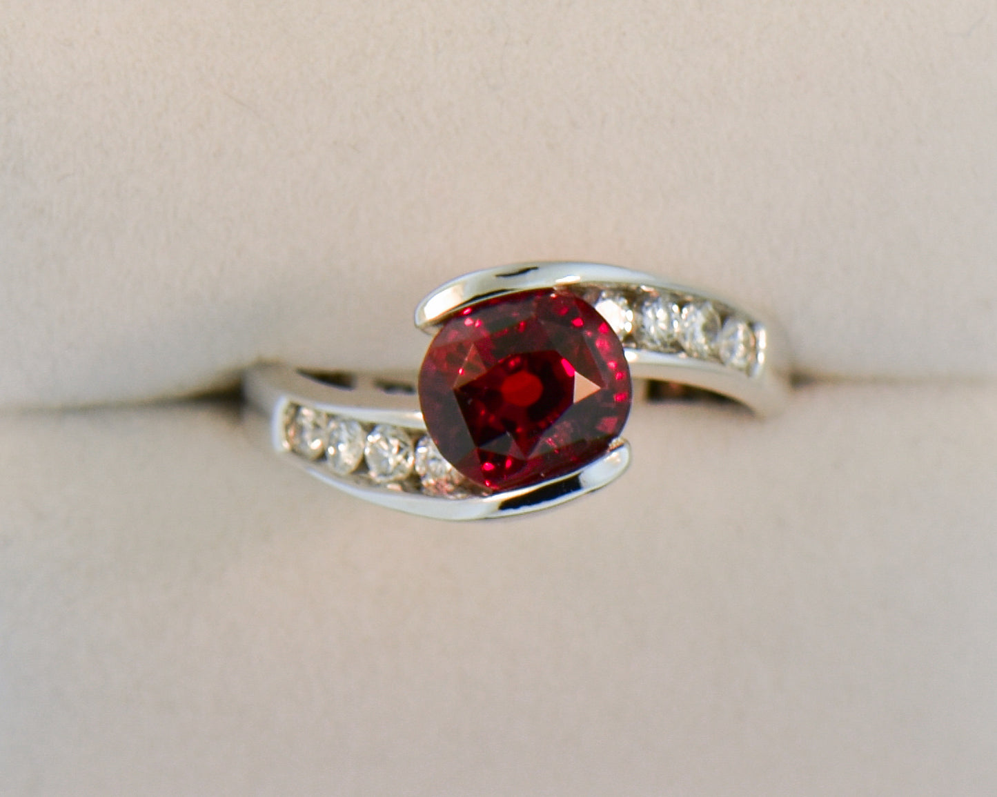 Red Spinel and Diamond Bypass Ring in White Gold