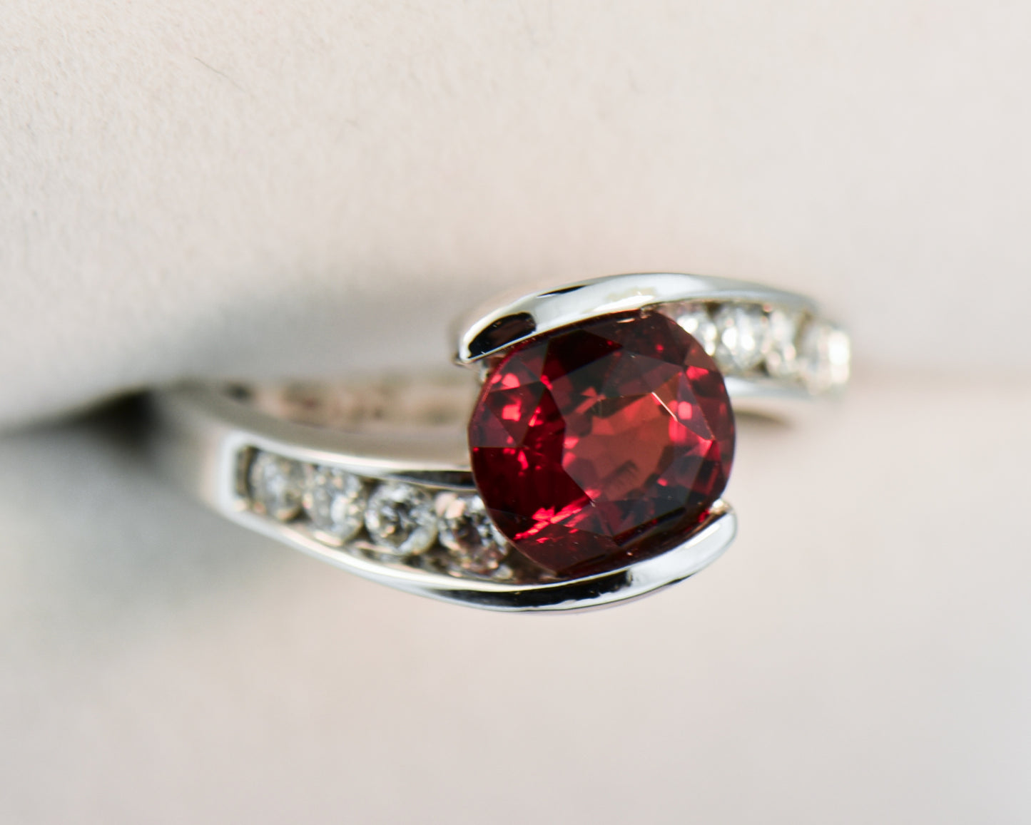 Red Spinel and Diamond Bypass Ring in White Gold