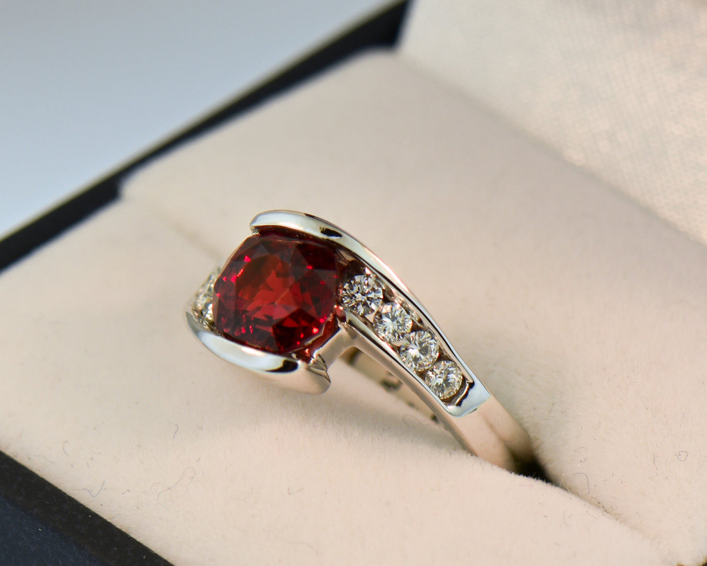 Red Spinel and Diamond Bypass Ring in White Gold
