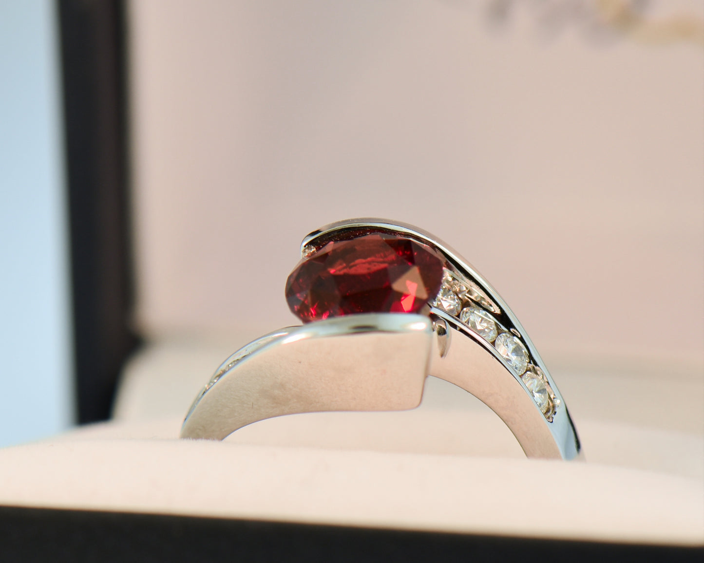 Red Spinel and Diamond Bypass Ring in White Gold