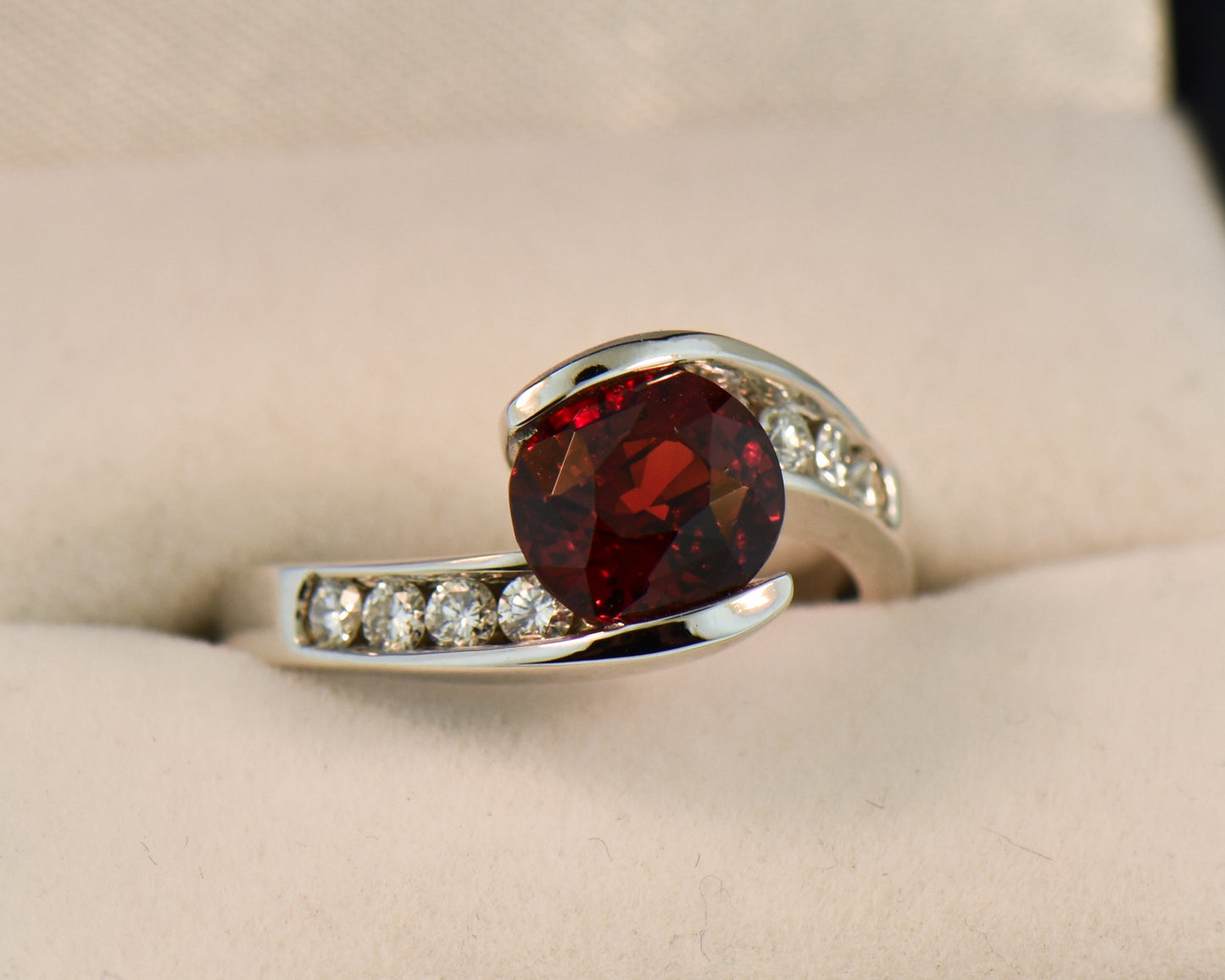 Red Spinel and Diamond Bypass Ring in White Gold
