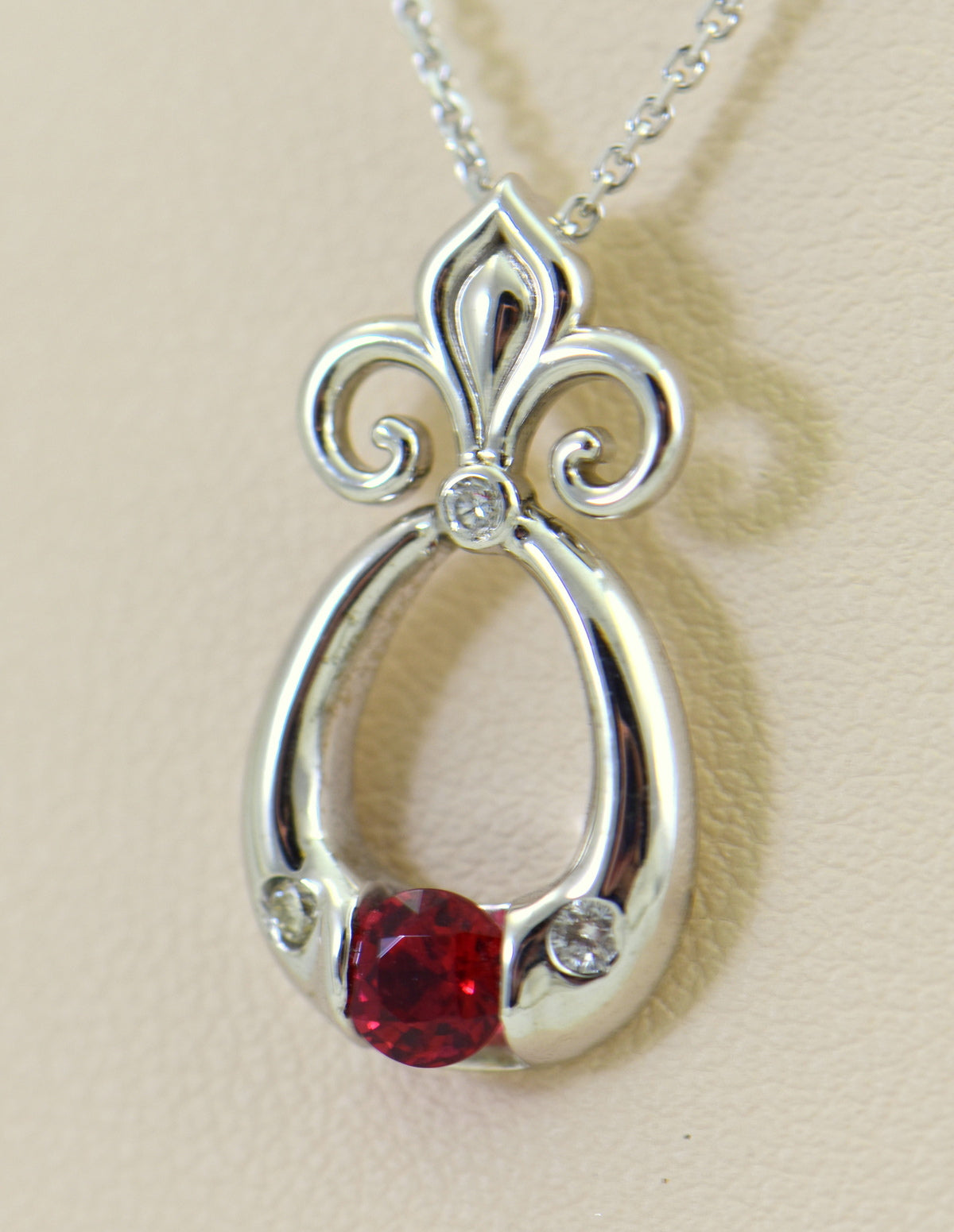 Red Spinel & Diamond Pendant with Fleur de Lis Bail