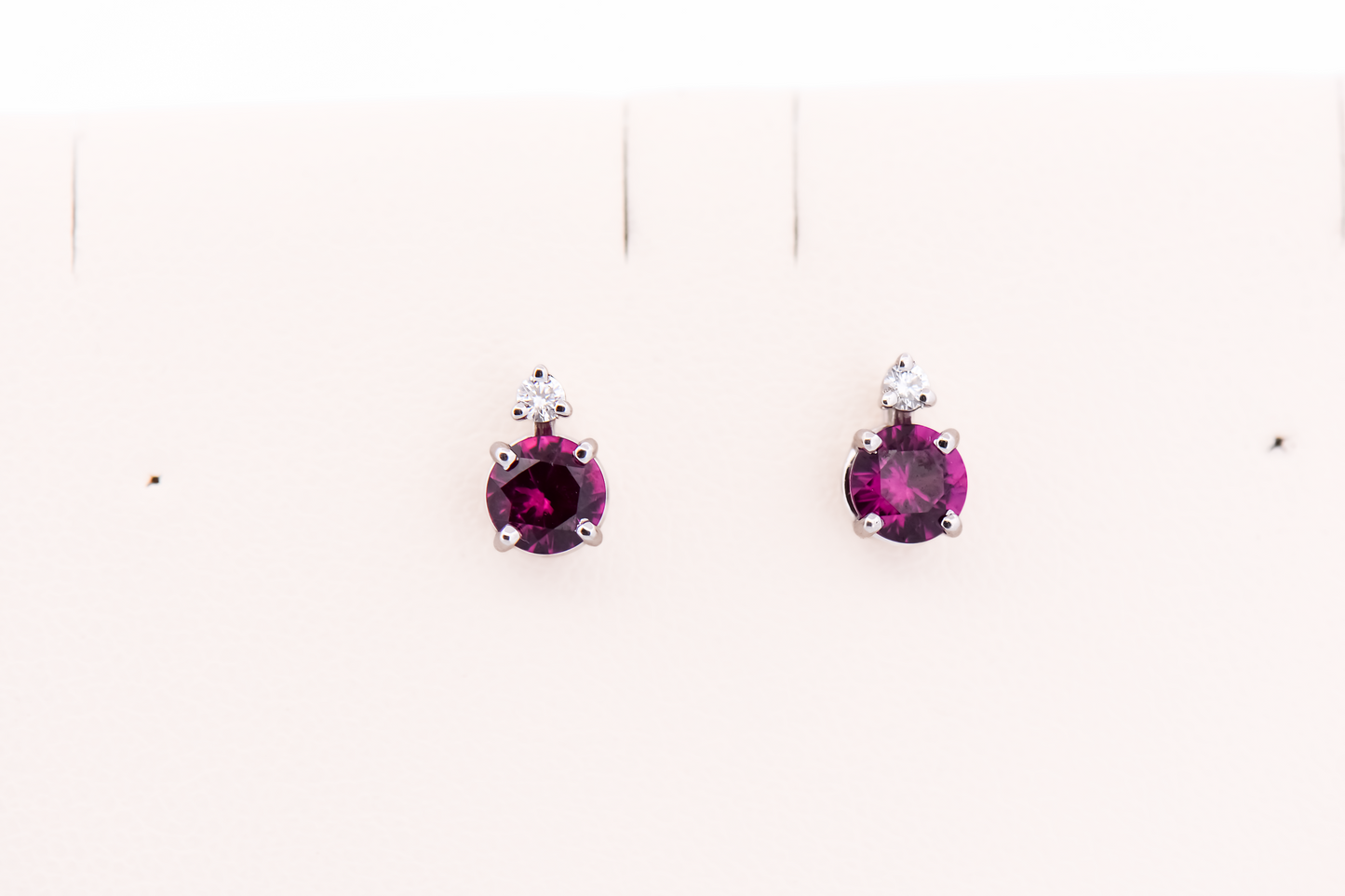 Reddish Purple Rhodolite Garnet & Diamond Stud Earrings in White Gold