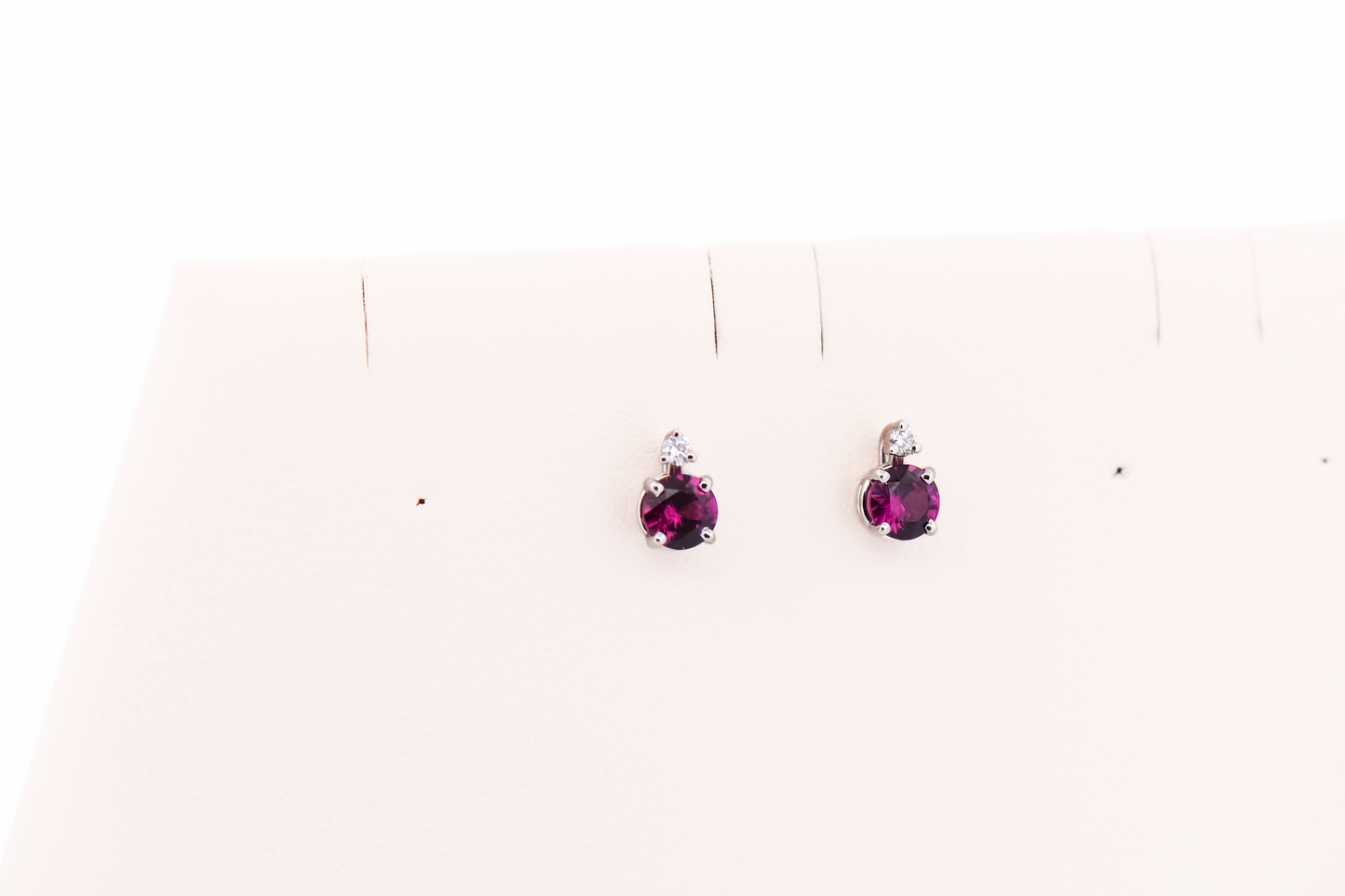 Reddish Purple Rhodolite Garnet & Diamond Stud Earrings in White Gold