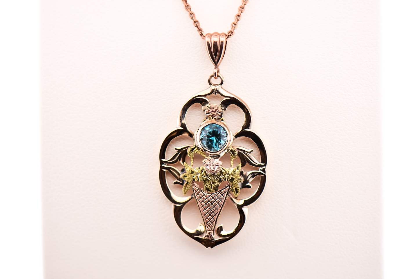 Retro Blue Zircon & Tricolor Gold Flower Basket Pendant