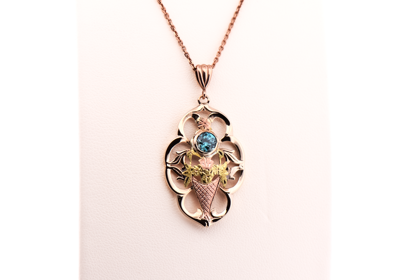 Retro Blue Zircon & Tricolor Gold Flower Basket Pendant