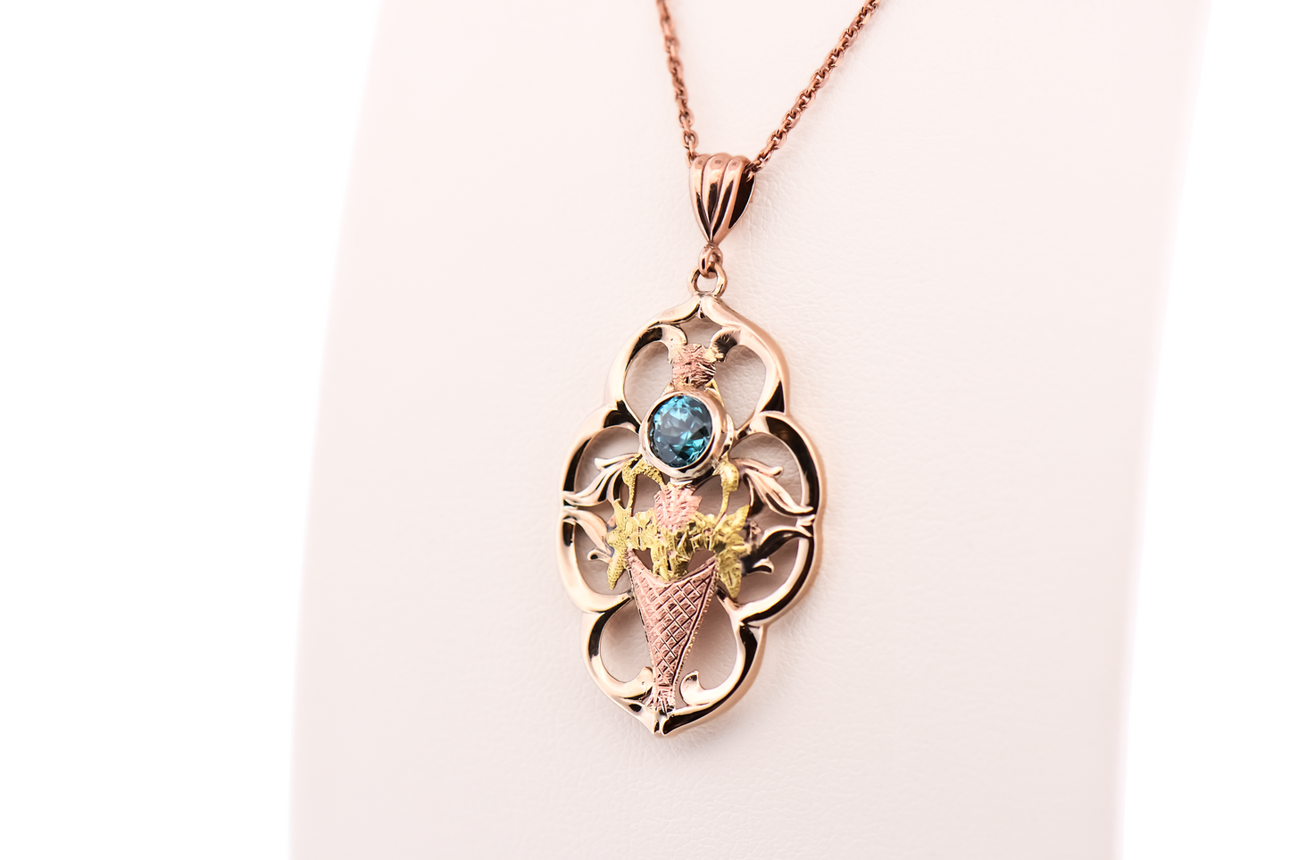 Retro Blue Zircon & Tricolor Gold Flower Basket Pendant