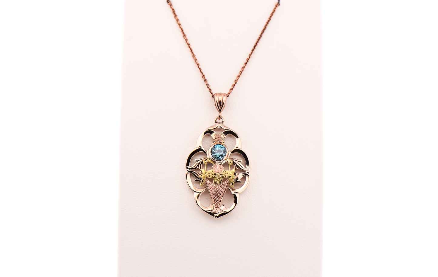 Retro Blue Zircon & Tricolor Gold Flower Basket Pendant