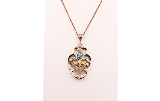 Retro Blue Zircon & Tricolor Gold Flower Basket Pendant