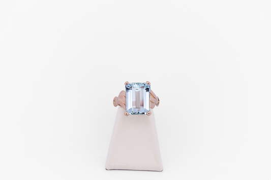 Retro Rose Gold & Emerald Cut Aquamarine Cocktail Ring