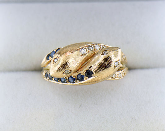 Vintage Double Headed Serpent Sapphire & Diamond Snake Ring