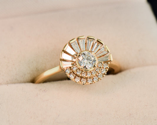 Modern Diamond "Rising Sun" Ring with Baguette & Round Halo