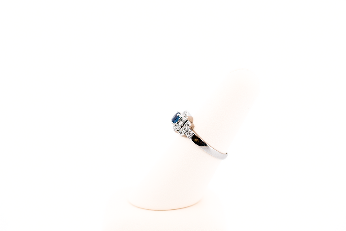 Round Blue Sapphire & Diamond Cushion Halo Ring in White Gold