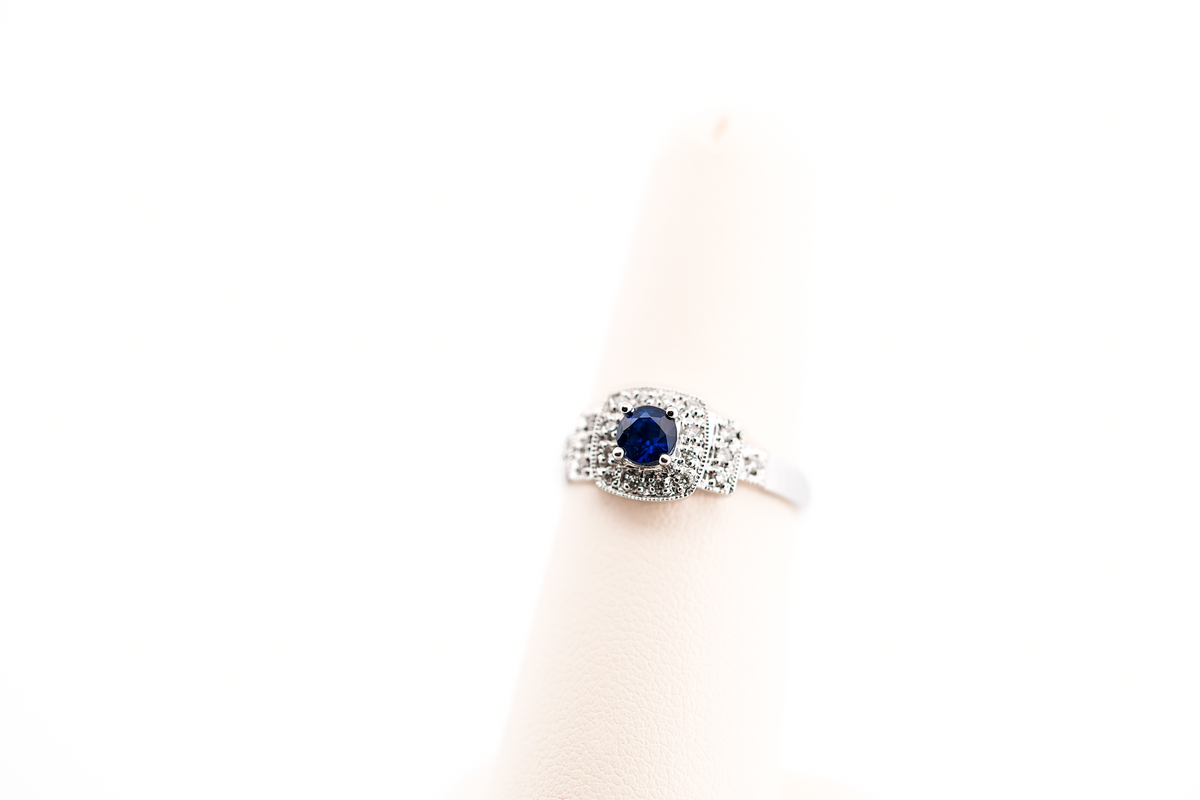 Round Blue Sapphire & Diamond Cushion Halo Ring in White Gold