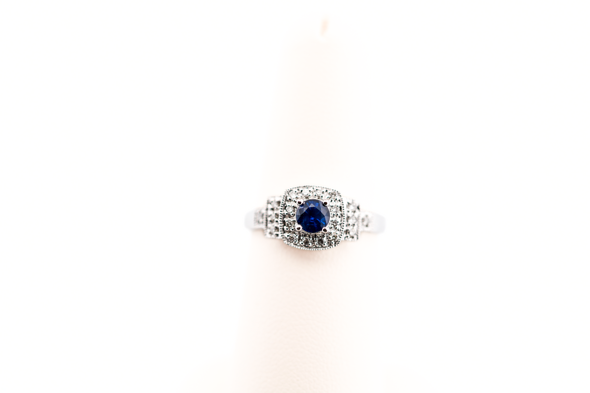 Round Blue Sapphire & Diamond Cushion Halo Ring in White Gold
