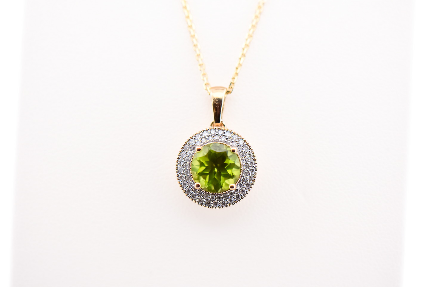 Round Peridot Pendant With Diamond Pave Halo in Yellow Gold