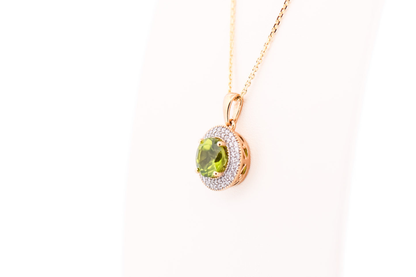 Round Peridot Pendant With Diamond Pave Halo in Yellow Gold