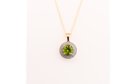 Round Peridot Pendant With Diamond Pave Halo in Yellow Gold