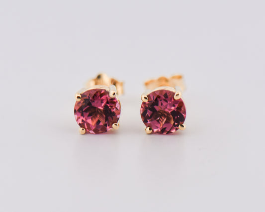 Round Pink Tourmaline Studs in Yellow Gold