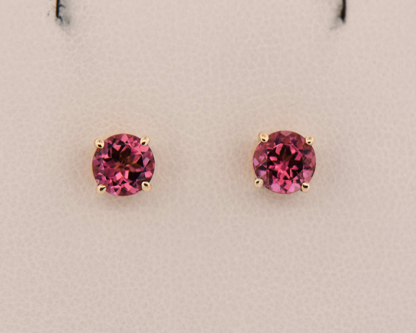 Round Pink Tourmaline Studs in Yellow Gold